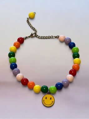 Rainbow Beaded Pet Necklace with Yellow Smile Pendant - S/M